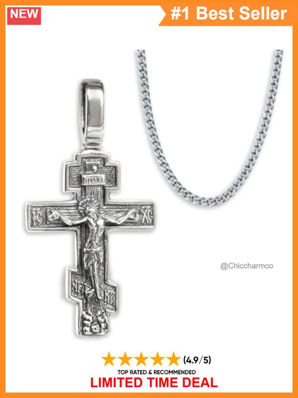 925 Sterling Silver Orthodox Cross Crucifix Pendant Cuban Link Chain 20"
